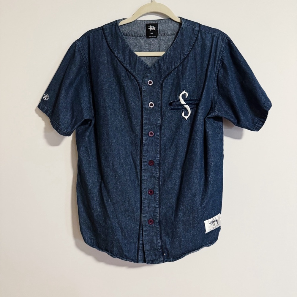 Stussy - Dark Wash Chambray Embroidered Button Down Short Sleeve Baseball Shirt